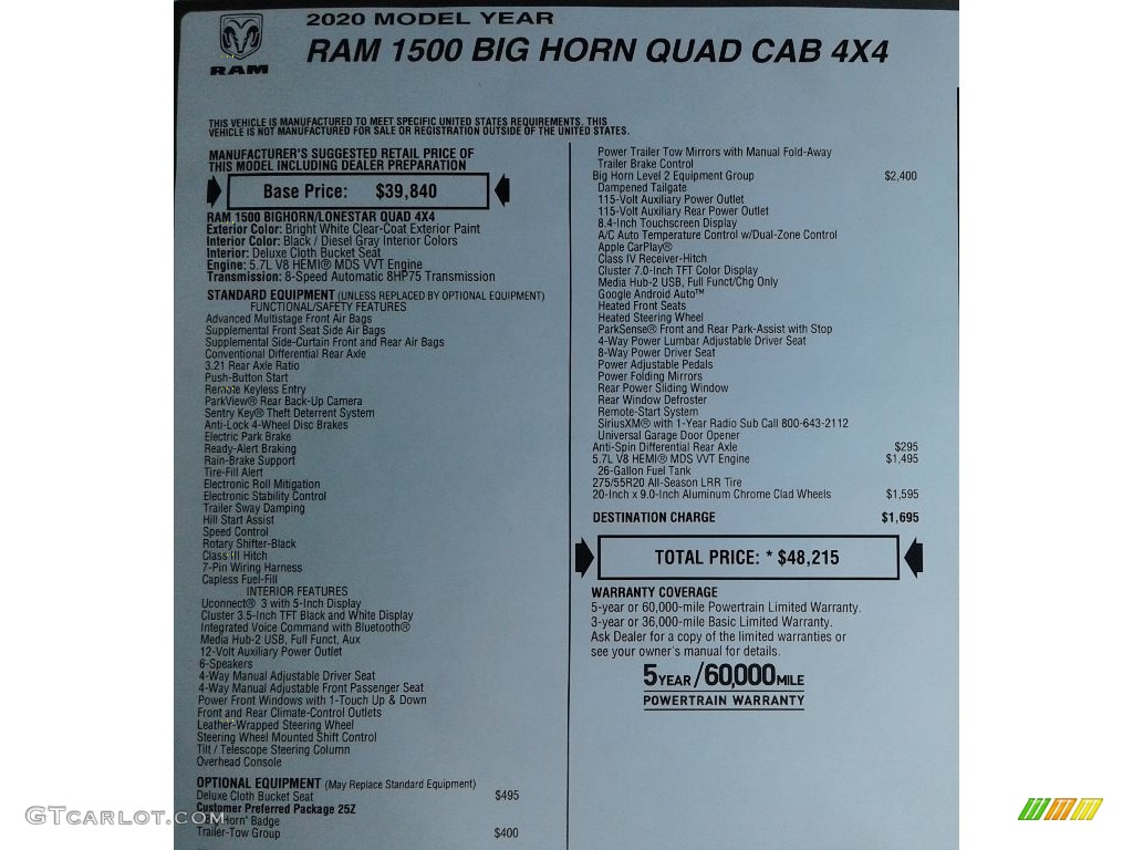 2020 1500 Big Horn Quad Cab 4x4 - Bright White / Black/Diesel Gray photo #34