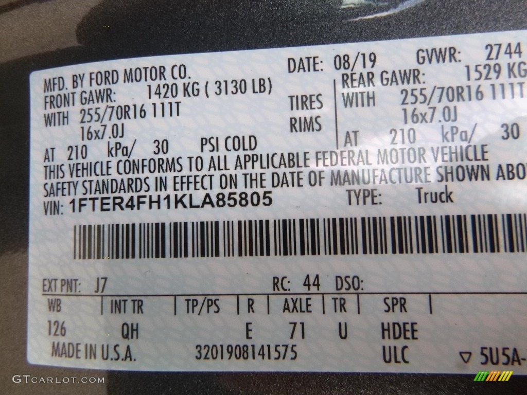 2019 Ford Ranger XL SuperCrew 4x4 Color Code Photos