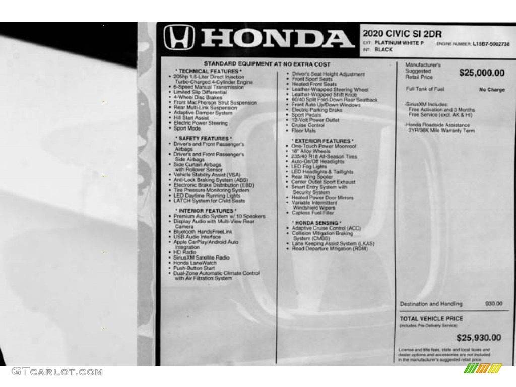 2020 Honda Civic Si Coupe Window Sticker Photo #135482324