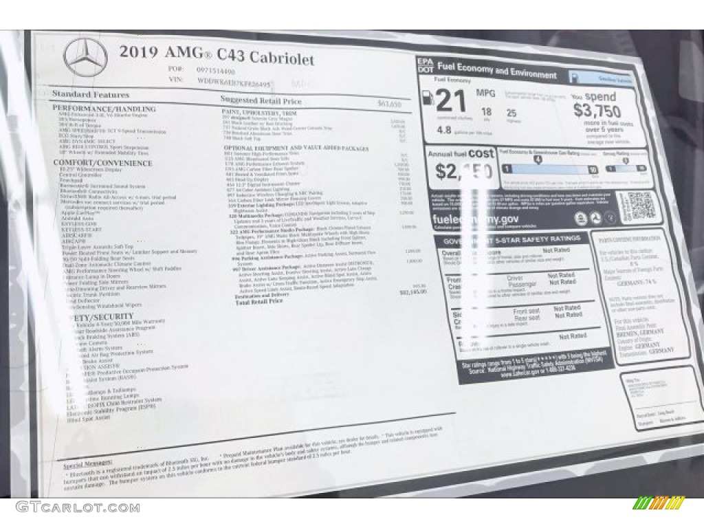 2019 Mercedes-Benz C 43 AMG 4Matic Cabriolet Window Sticker Photo #135482558
