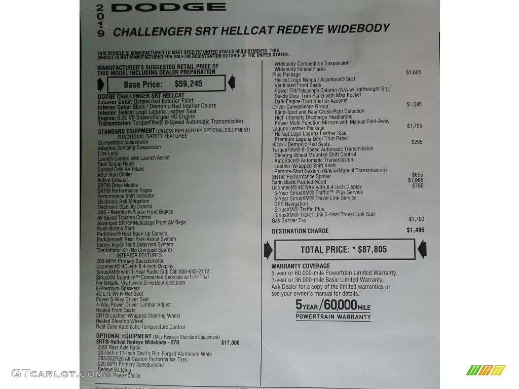 2019 Dodge Challenger SRT Hellcat Redeye Widebody Window Sticker Photo #135499682