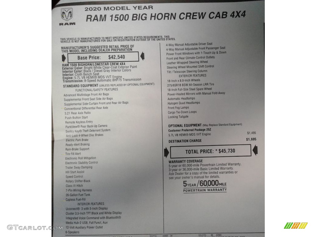 2020 1500 Big Horn Crew Cab 4x4 - Bright White / Black/Diesel Gray photo #28
