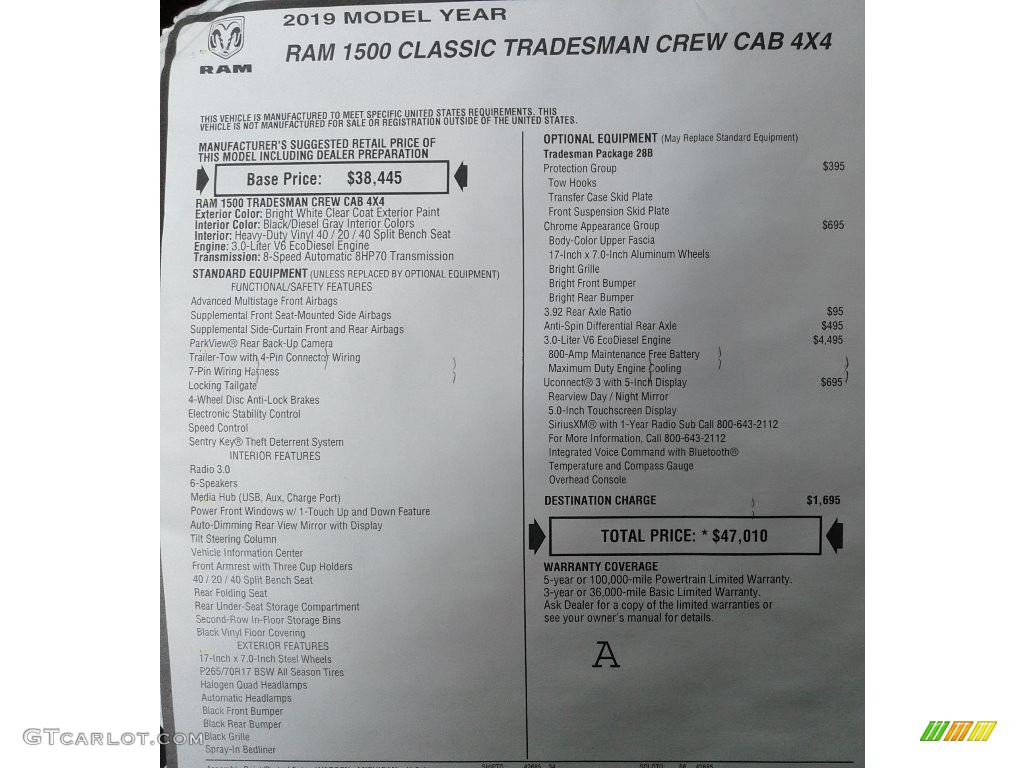 2019 1500 Classic Tradesman Crew Cab 4x4 - Bright White / Black/Diesel Gray photo #28