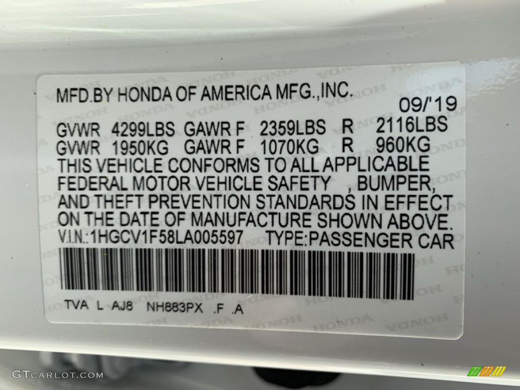 2020 Accord Color Code NH883PX for Platinum White Pearl Photo #135534495