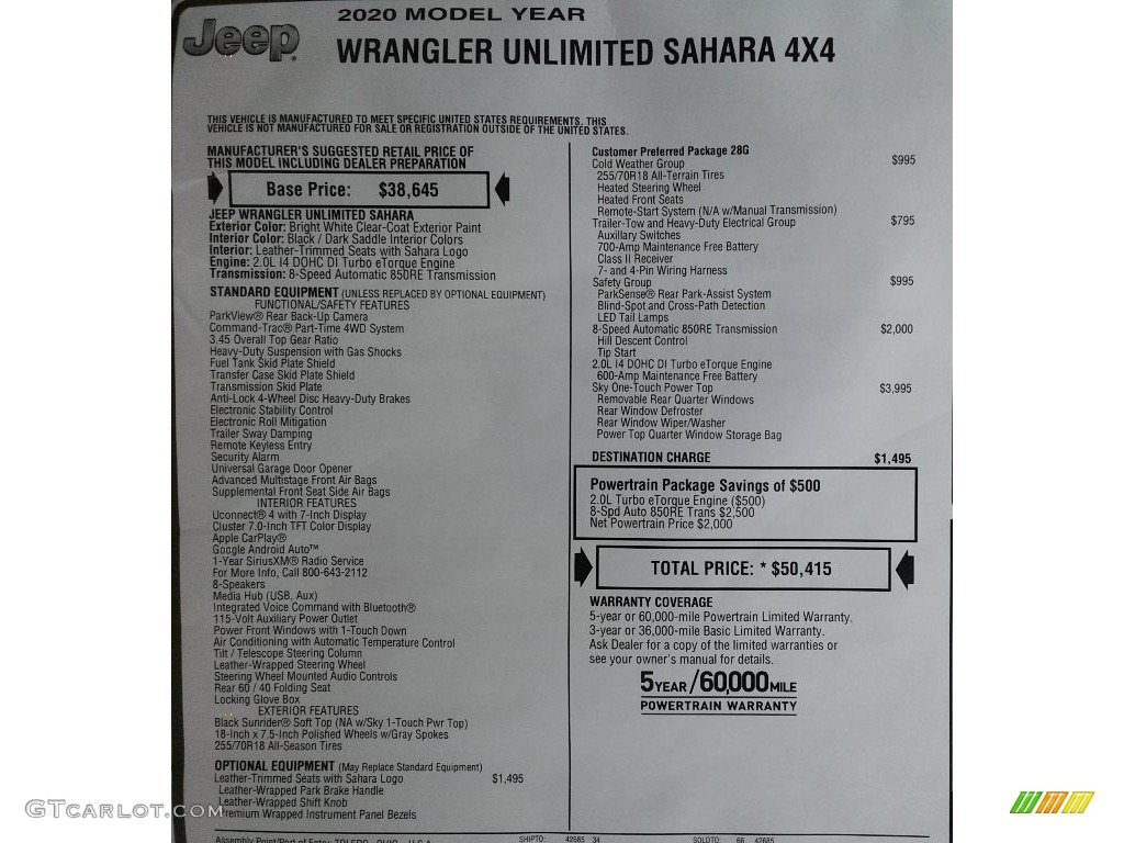 2020 Wrangler Unlimited Sahara 4x4 - Bright White / Dark Saddle/Black photo #36