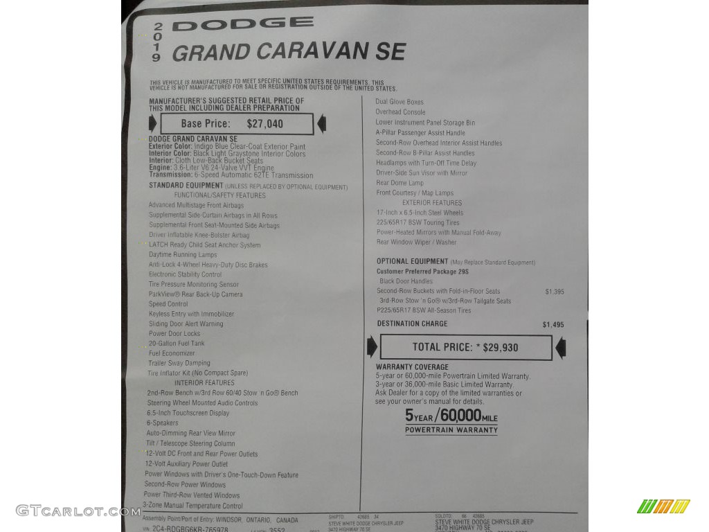 2019 Grand Caravan SE - Indigo Blue / Black/Light Graystone photo #32