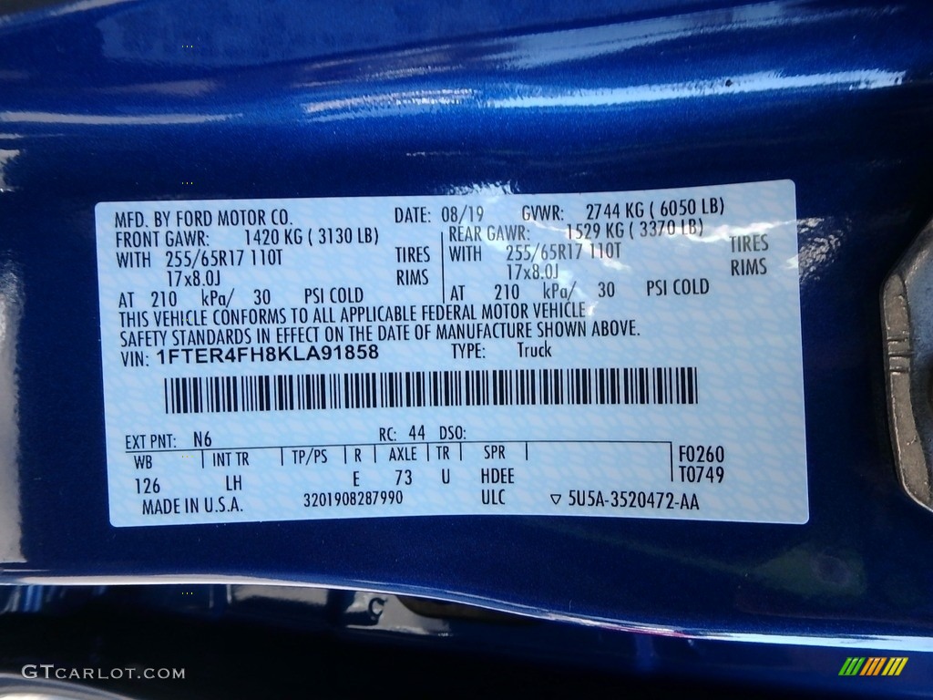 2019 Ranger Color Code N6 for Lightning Blue Metallic Photo #135555412