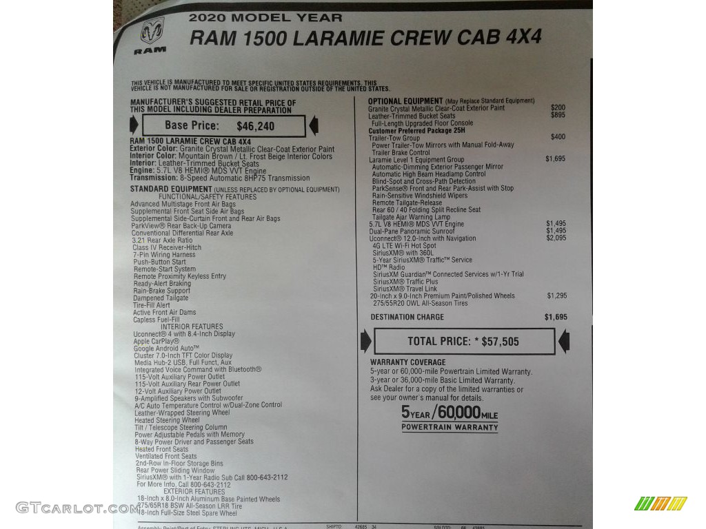 2020 1500 Laramie Crew Cab 4x4 - Granite Crystal Metallic / Light Frost Beige/Mountain Brown photo #38