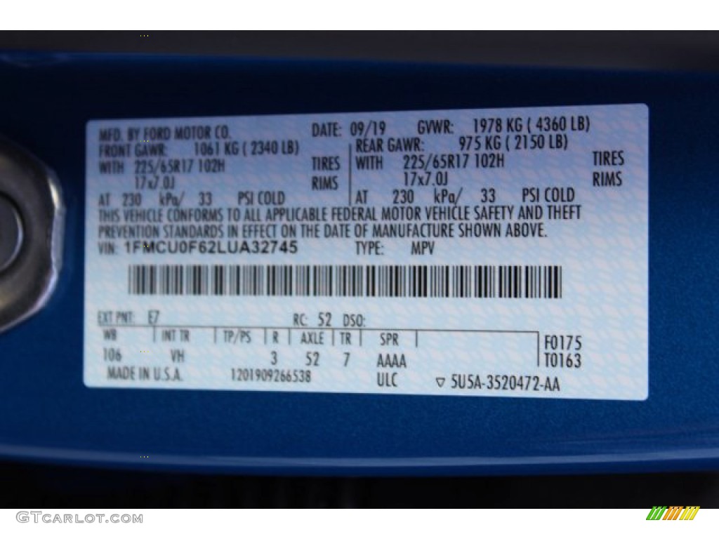 2020 Escape Color Code E7 for Velocity Blue Metallic Photo #135584743