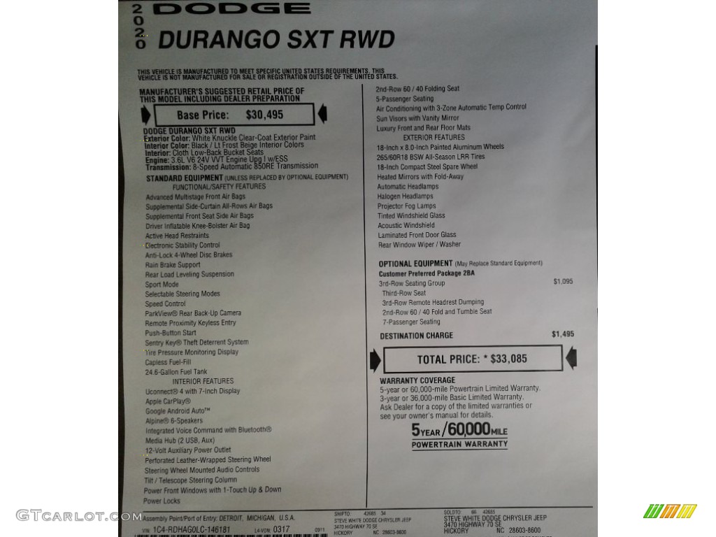 2020 Dodge Durango SXT Window Sticker Photos
