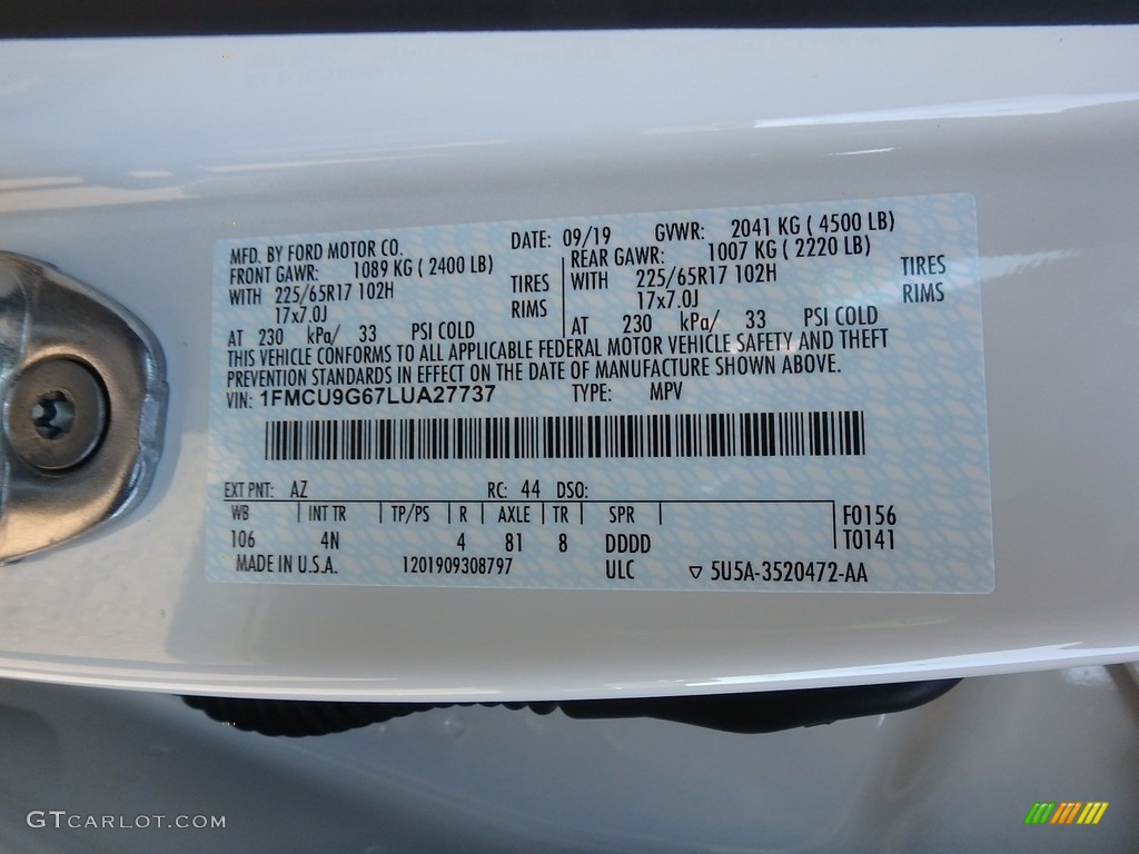 2020 Escape Color Code AZ for Star White Metallic Tri-Coat Photo #135613719