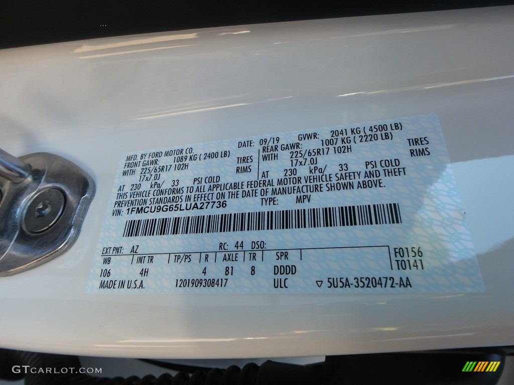 2020 Escape Color Code AZ for Star White Metallic Tri-Coat Photo #135613776