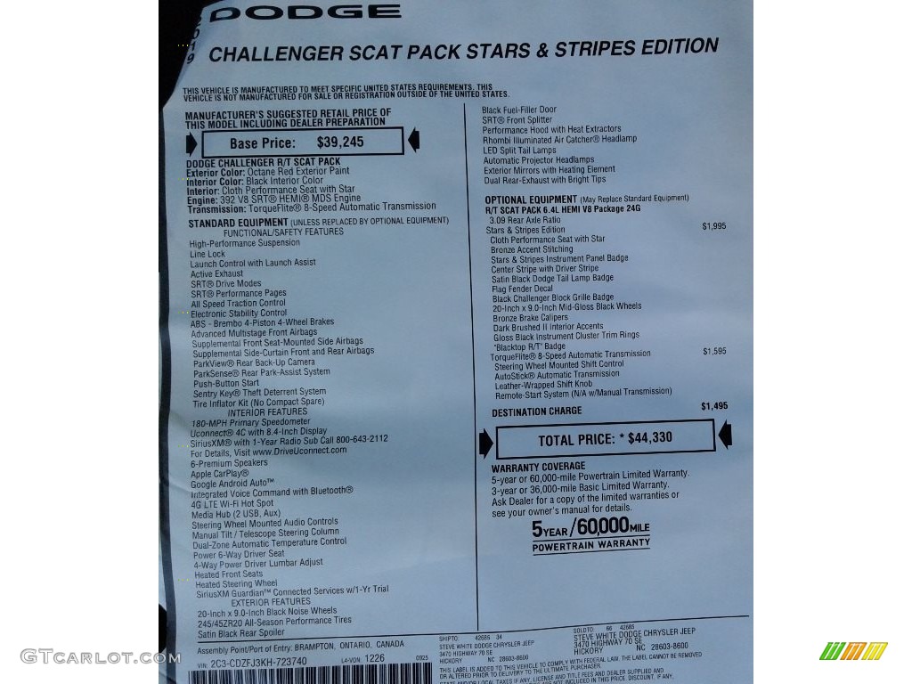 2019 Dodge Challenger R/T Scat Pack Stars and Stripes Edition Window Sticker Photos
