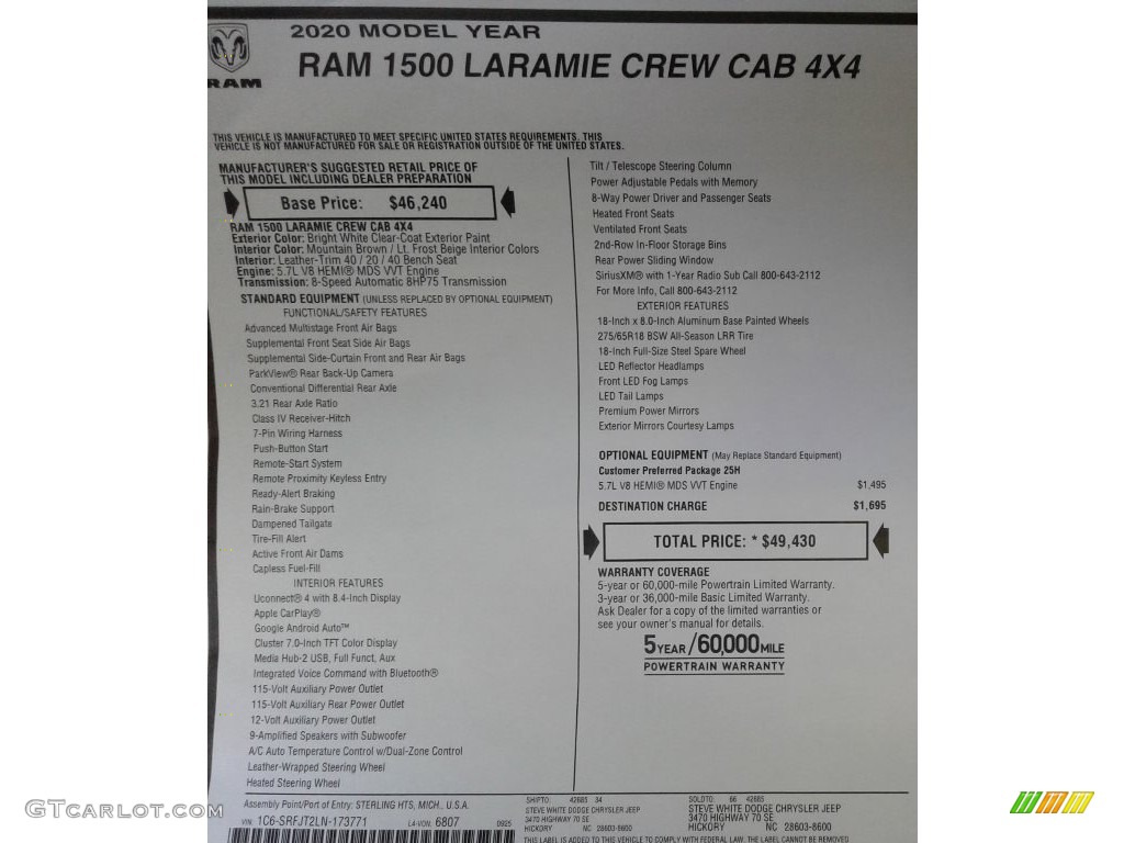 2020 1500 Laramie Crew Cab 4x4 - Bright White / Light Frost Beige/Mountain Brown photo #34
