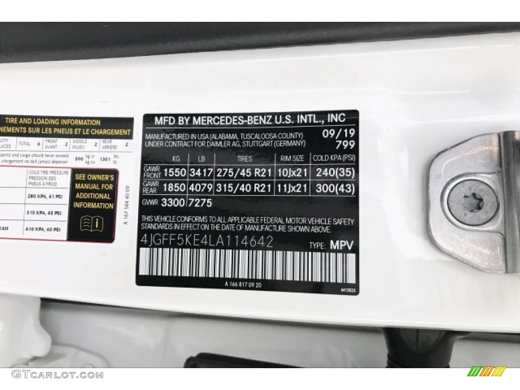 2020 GLS Color Code 799 for designo Diamond White Metallic Photo #135656557