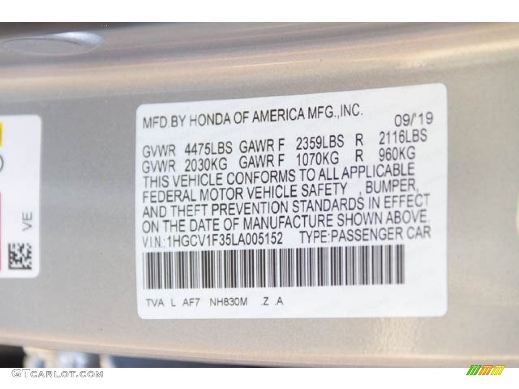 2020 Accord Color Code NH830M for Lunar Silver Metallic Photo #135656890