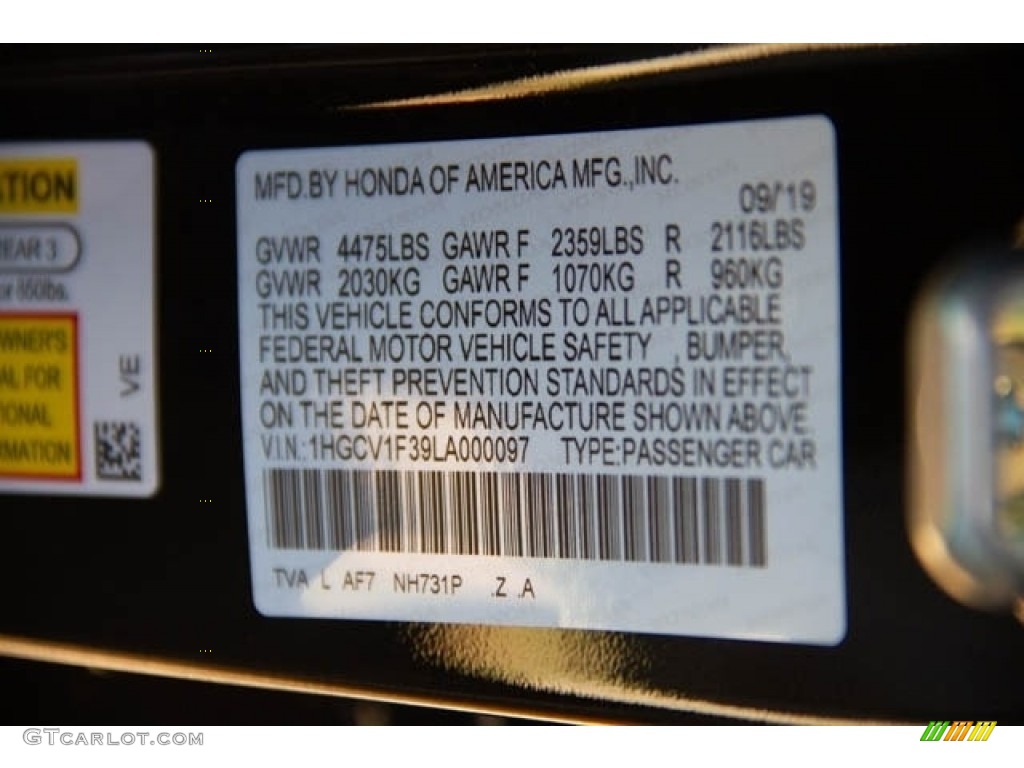 2020 Accord Color Code NH731P for Crystal Black Pearl Photo #135657490
