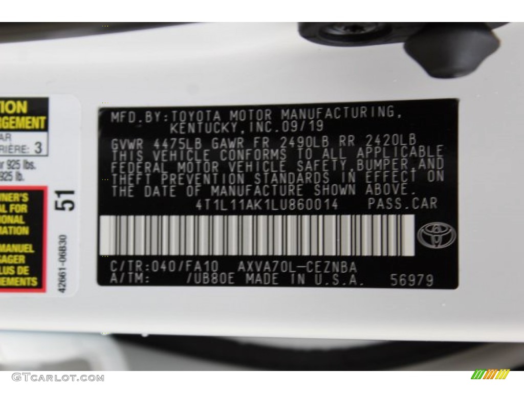 2020 Camry Color Code 040 for Super White Photo #135685137