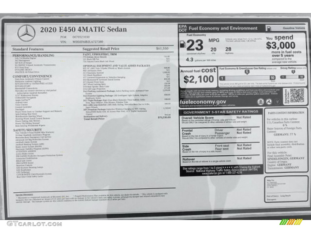 2020 Mercedes-Benz E 450 4Matic Sedan Window Sticker Photo #135689580