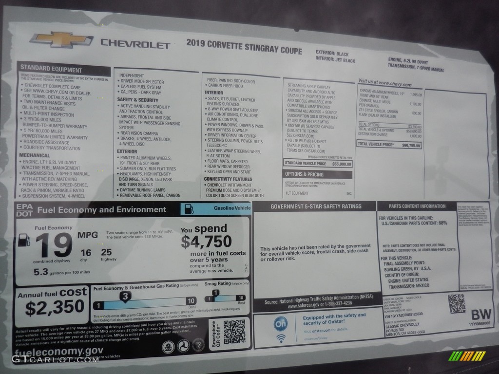 2019 Chevrolet Corvette Stingray Coupe Window Sticker Photo #135720751