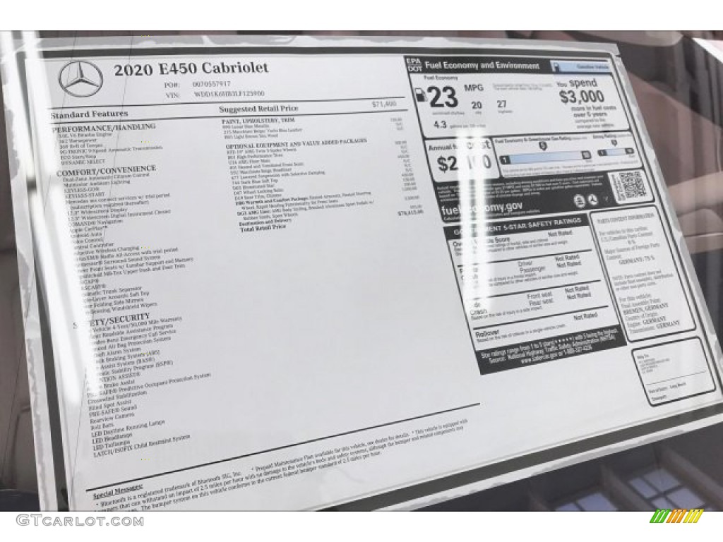 2020 Mercedes-Benz E 450 Cabriolet Window Sticker Photo #135728825