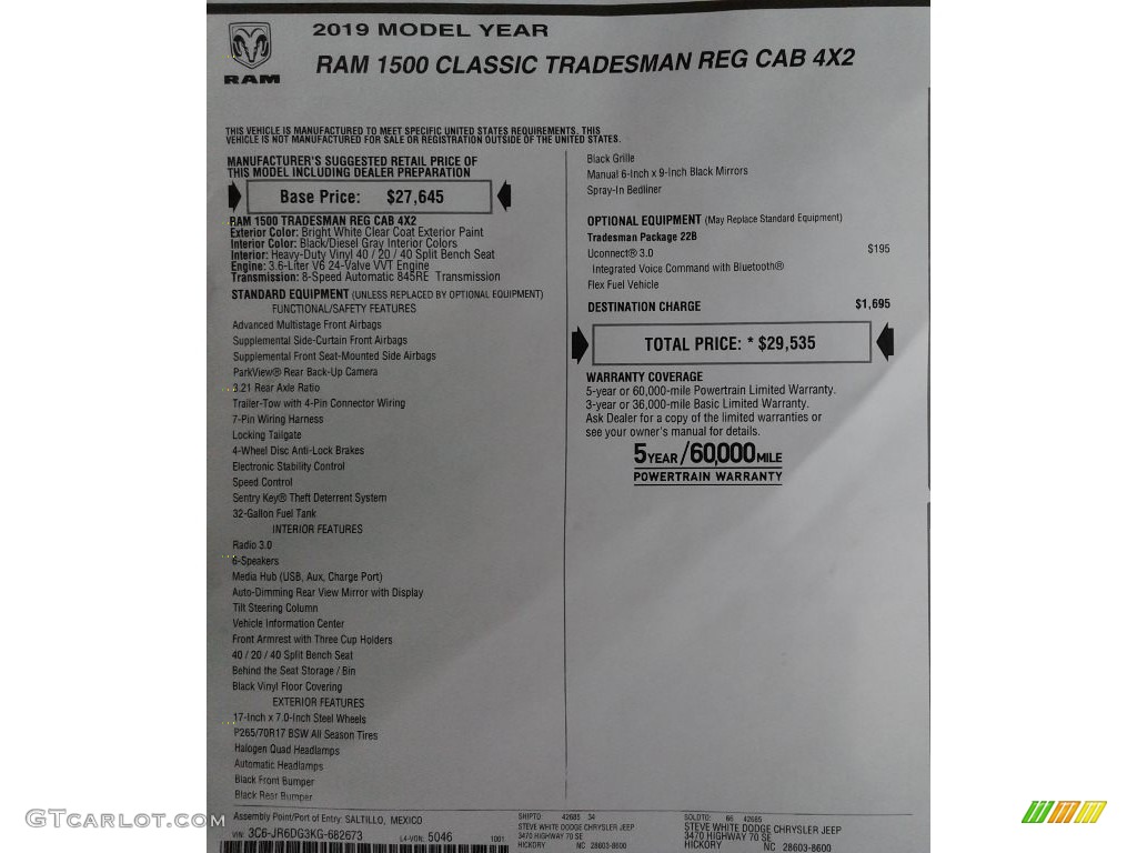 2019 Ram 1500 Classic Tradesman Regular Cab Window Sticker Photo #135736503