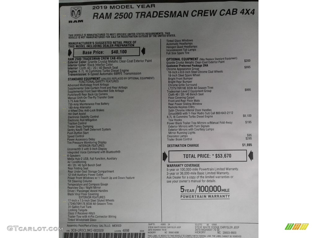 2019 Ram 2500 Tradesman Crew Cab 4x4 Window Sticker Photo #135739440