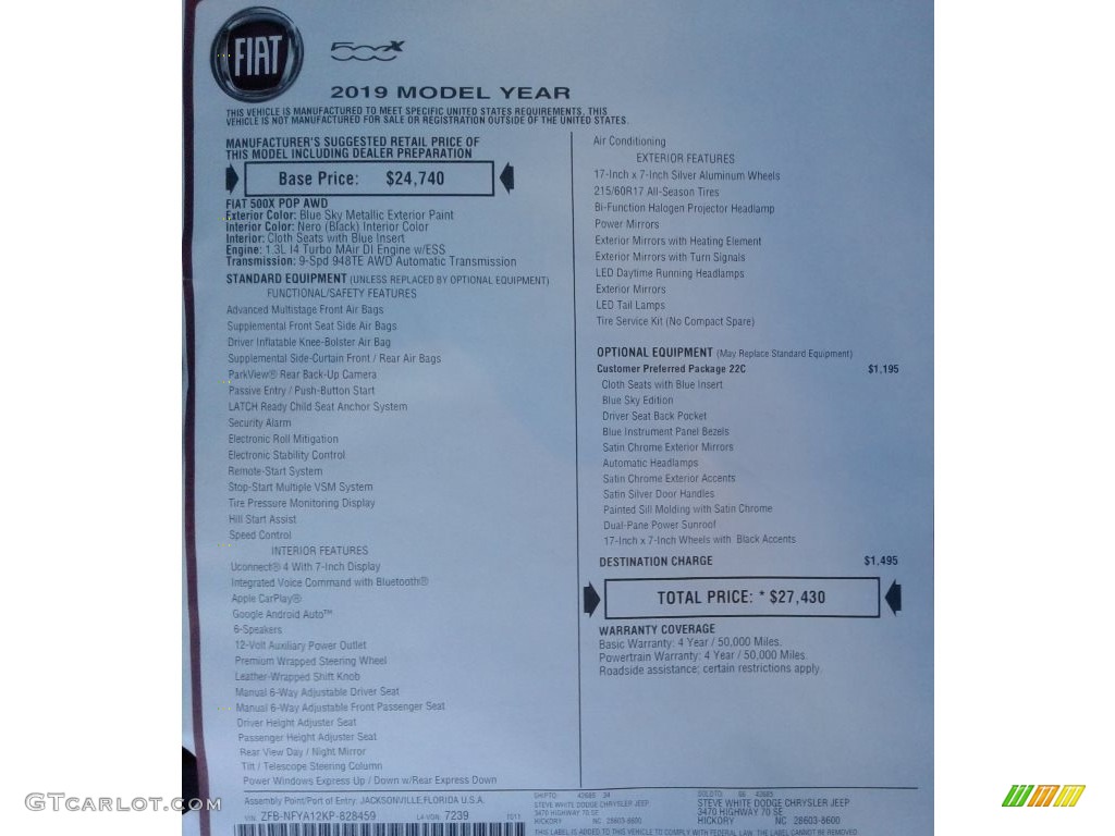 2019 Fiat 500X Blue Sky Edition AWD Window Sticker Photos