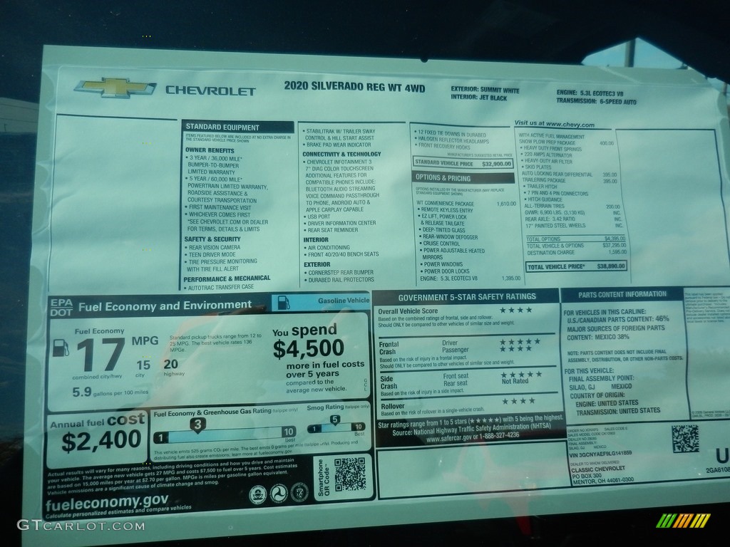 2020 Chevrolet Silverado 1500 WT Regular Cab 4x4 Window Sticker Photo #135771626