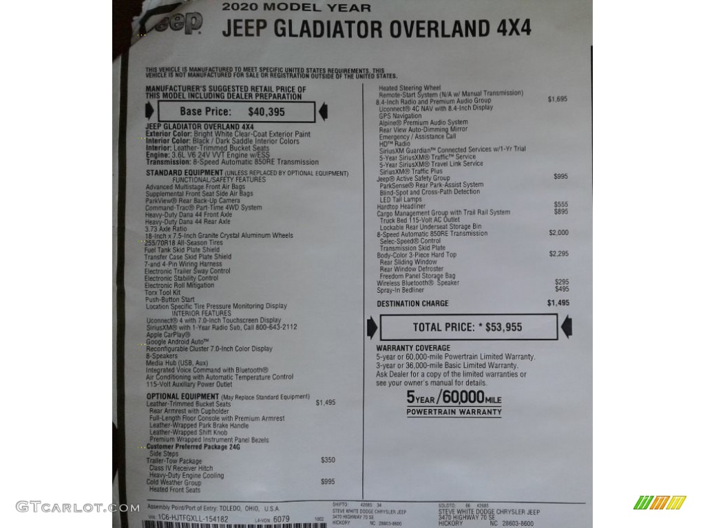 2020 Gladiator Overland 4x4 - Bright White / Black/Dark Saddle photo #37