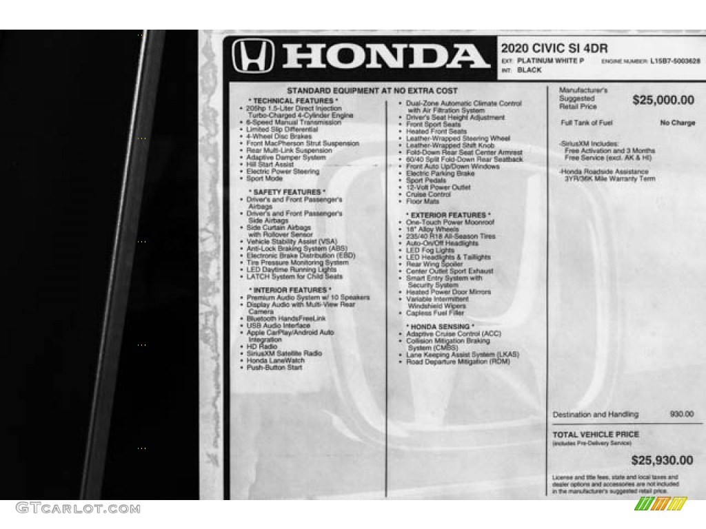2020 Honda Civic Si Sedan Window Sticker Photo #135790976