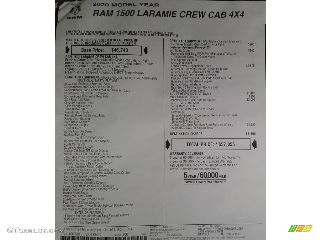 2020 Ram 1500 Laramie Crew Cab 4x4 Window Sticker Photo #135792476