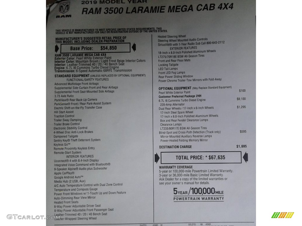 2019 Ram 3500 Laramie Mega Cab 4x4 Window Sticker Photo #135849119