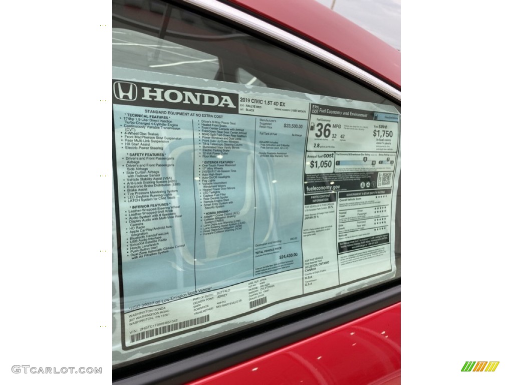 2019 Honda Civic EX Sedan Window Sticker Photo #135856074