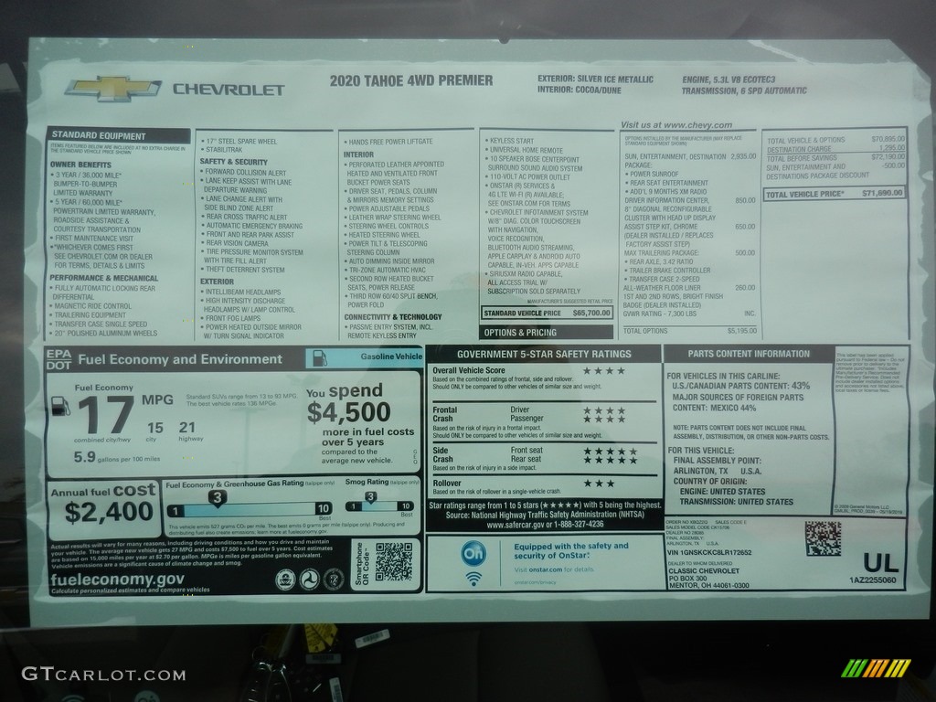 2020 Chevrolet Tahoe Premier 4WD Window Sticker Photo #135862712
