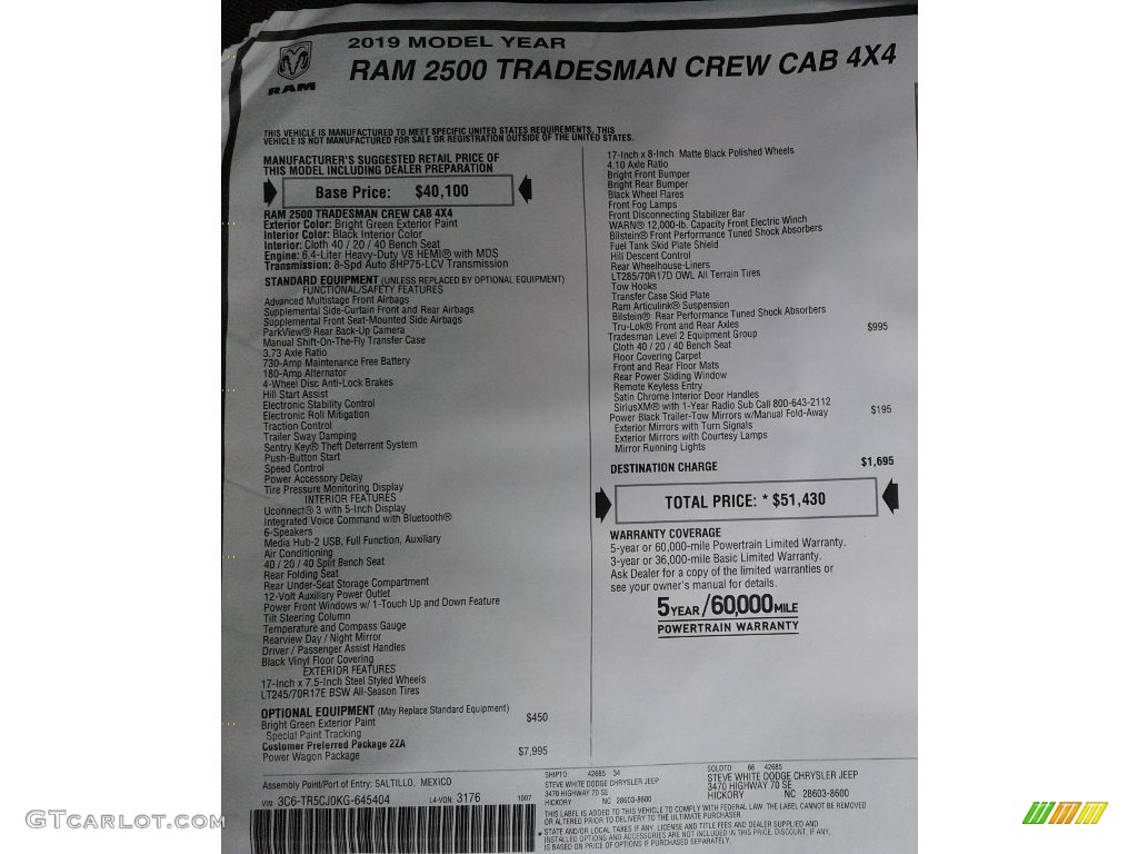 2019 Ram 2500 Tradesman Crew Cab 4x4 Power Wagon Package Window Sticker Photo #135872633