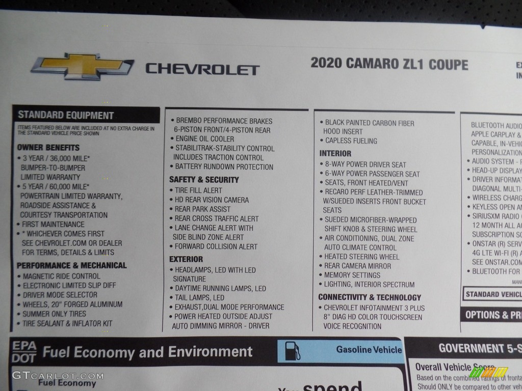 2020 Chevrolet Camaro ZL1 Coupe Window Sticker Photo #135874575