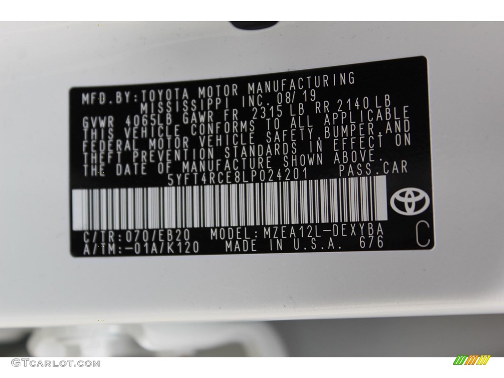 2020 Corolla Color Code 070 for Blizzard Pearl White Photo #135881721