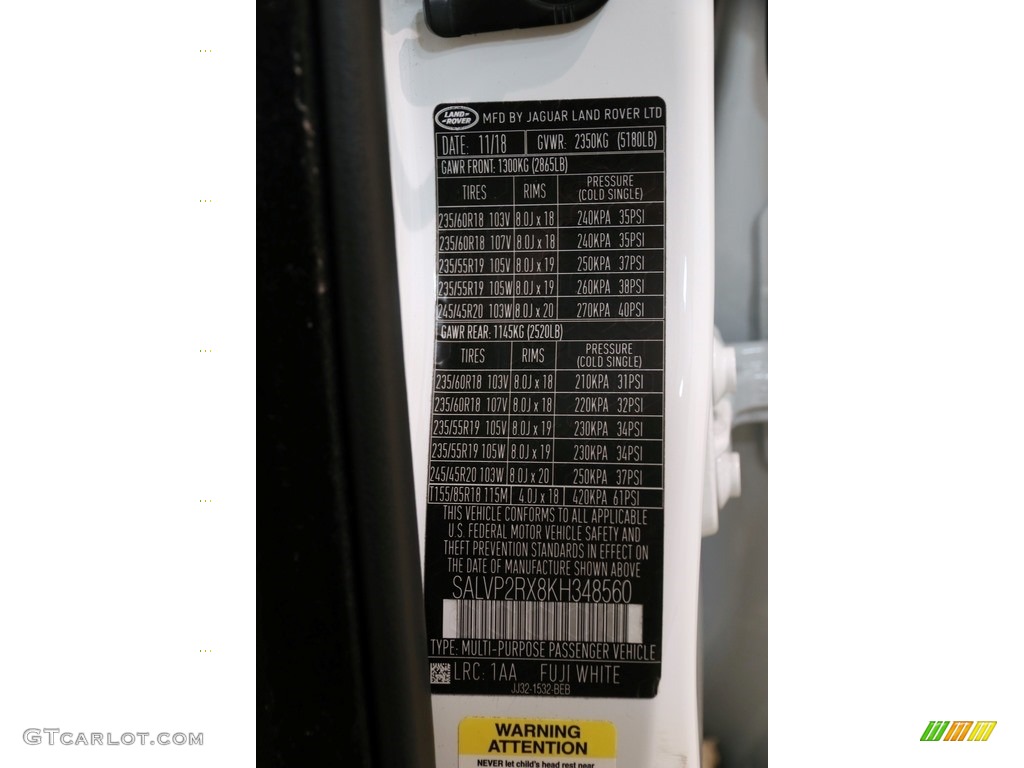 2019 Range Rover Evoque Color Code 1AA for Fuji White Photo #135890658