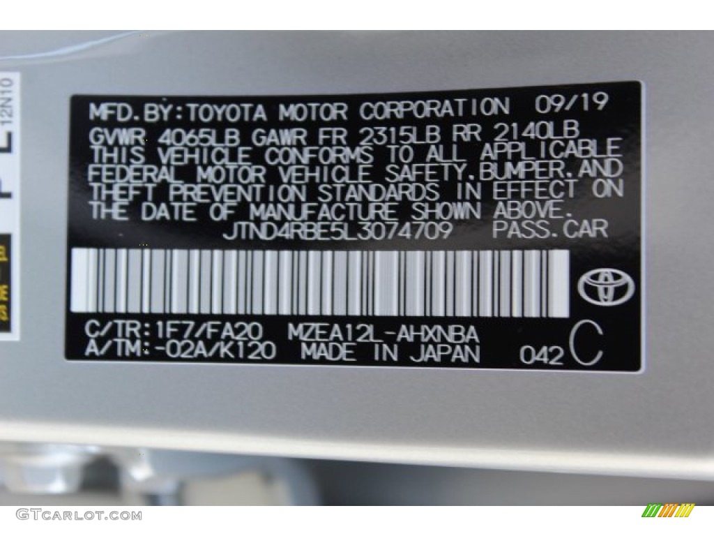 2020 Corolla Hatchback Color Code 1F7 for Classic Silver Metallic Photo #135926920