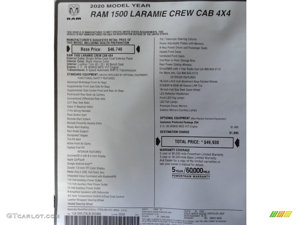 2020 1500 Laramie Crew Cab 4x4 - Bright White / Black photo #34