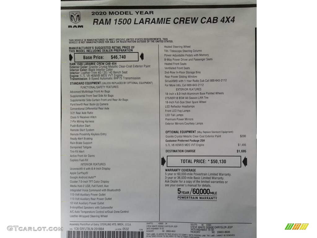 2020 1500 Laramie Crew Cab 4x4 - Granite Crystal Metallic / Black photo #35