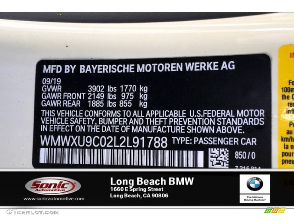 2020 Hardtop Color Code 850 for Pepper White Photo #135931912