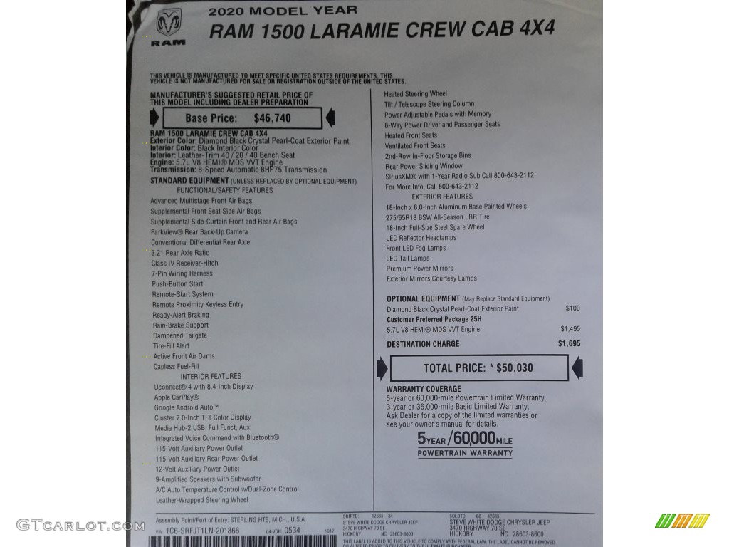2020 1500 Laramie Crew Cab 4x4 - Diamond Black Crystal Pearl / Black photo #34