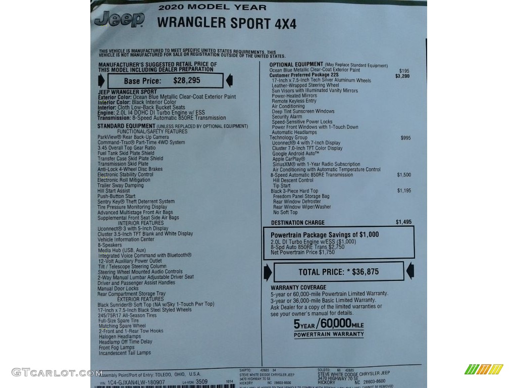 2020 Jeep Wrangler Sport 4x4 Window Sticker Photo #135935365
