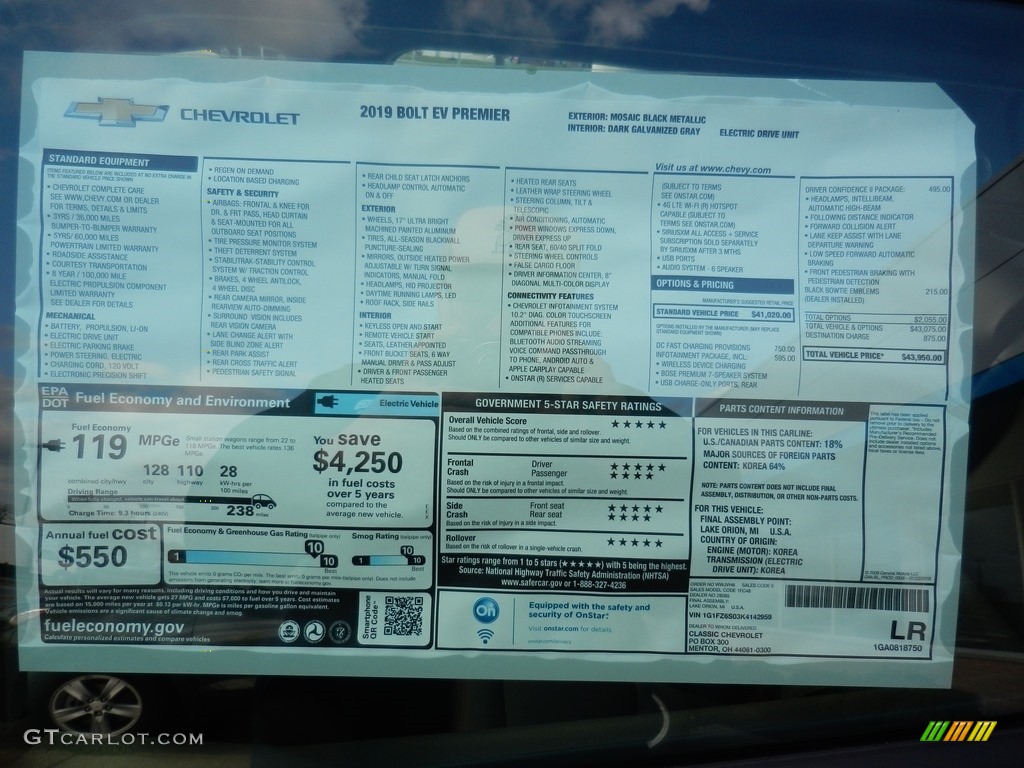 2019 Chevrolet Bolt EV Premier Window Sticker Photos