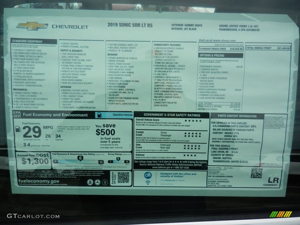 2019 Chevrolet Sonic LT Hatchback Window Sticker Photos