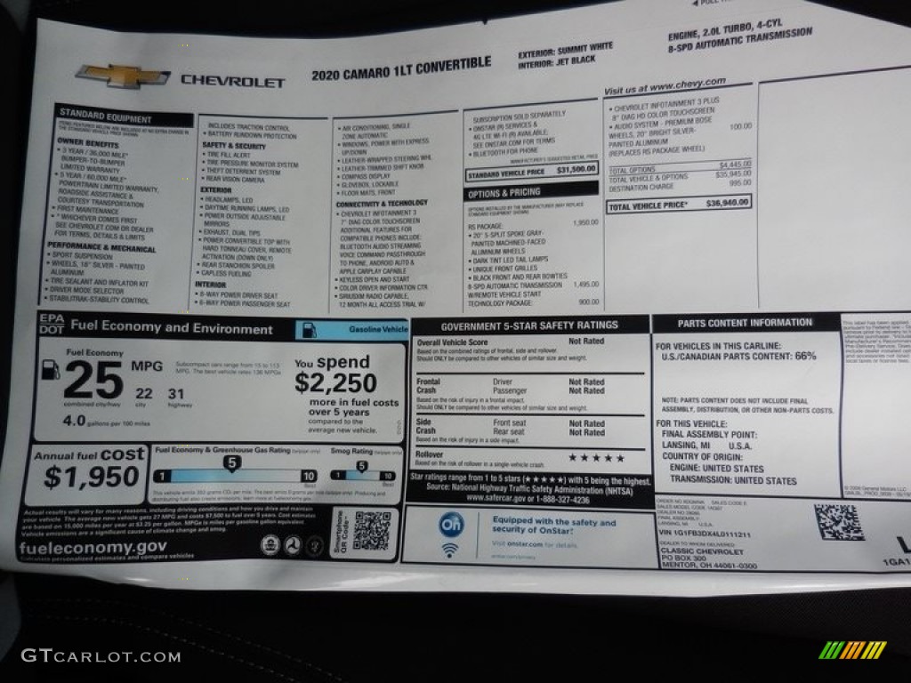 2020 Chevrolet Camaro LT Convertible Window Sticker Photo #135952998