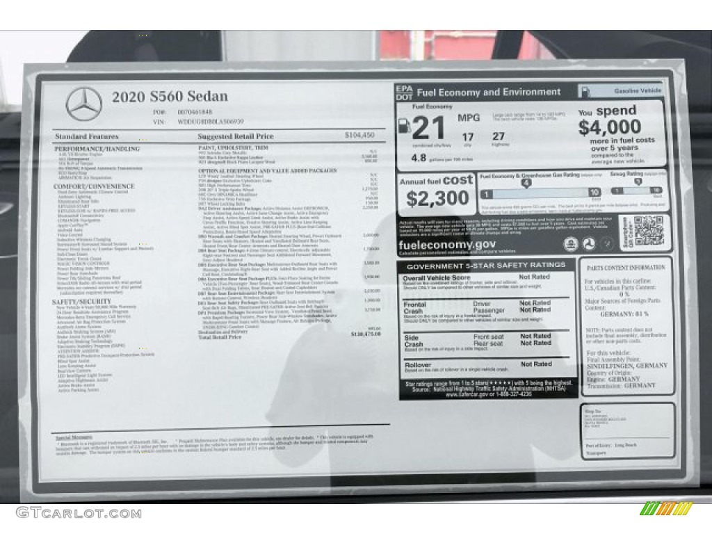 2020 Mercedes-Benz S 560 Sedan Window Sticker Photo #135961792