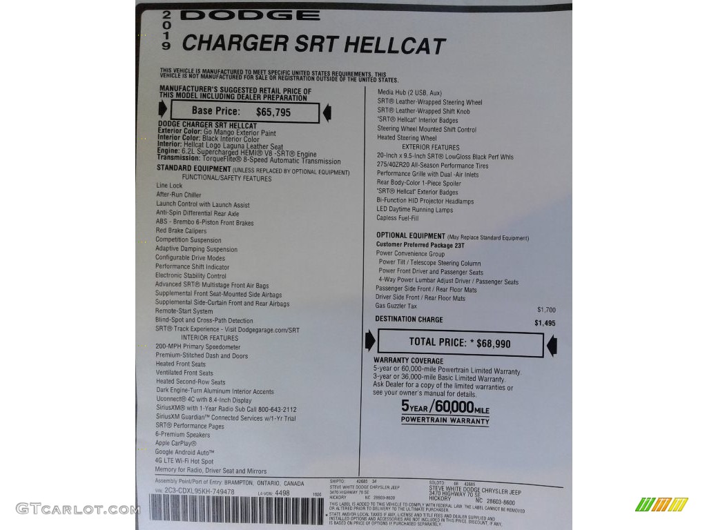 2019 Dodge Charger SRT Hellcat Window Sticker Photo #135984224